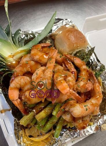 A shrimp dish by Soul Good LLC.