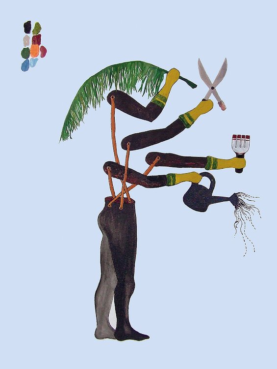 Otobong Nkanga, House Boy, 2004, Watercolor, ink, and acrylic on paper Photo Credit: Sasha Jelan, © Otobong Nkanga, Courtesy Otobong Nkanga, Lumen Travo, and American Federation of Arts, Black Refractions exhibit 