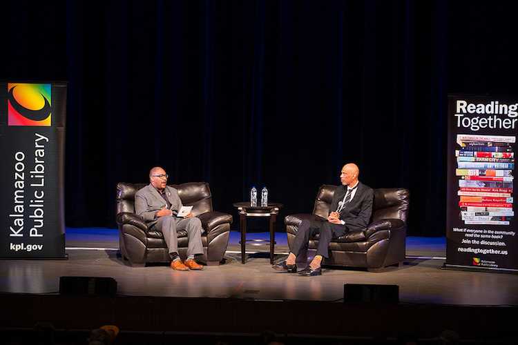Tim Terrentine and Kareem Abdul-Jabbar at the Reading Together community discussion