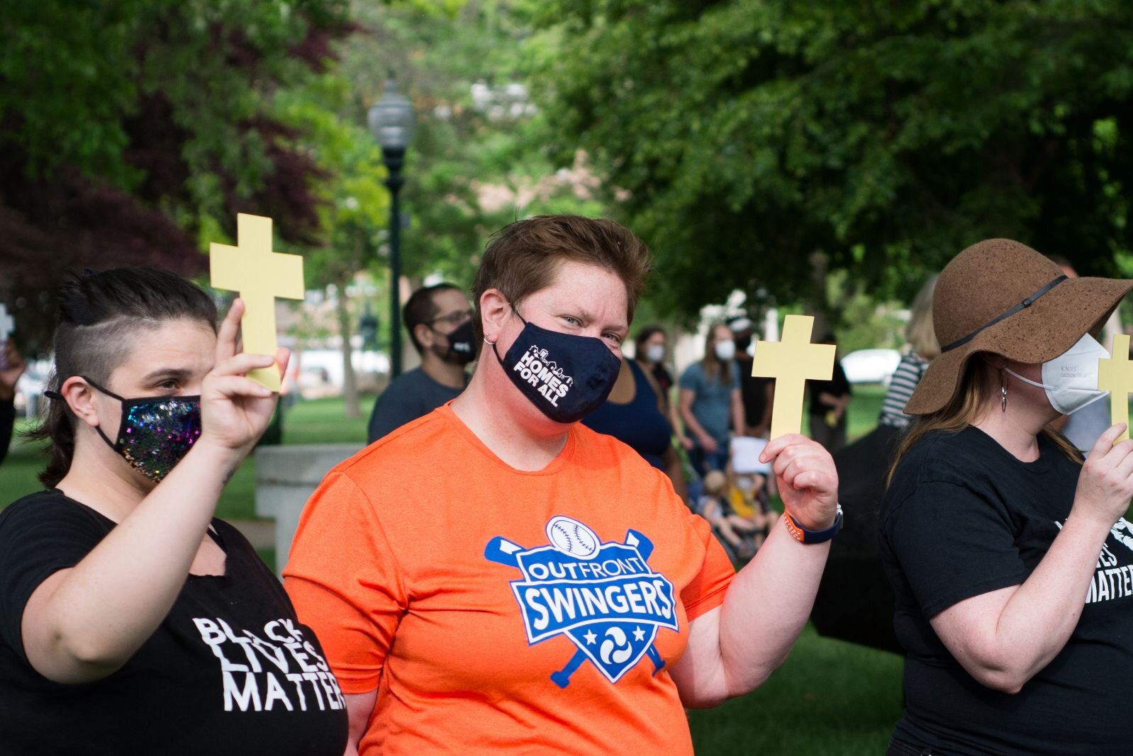 Yellow crosses show solidarity with the 181 black people killed by police since George Floyd has died.