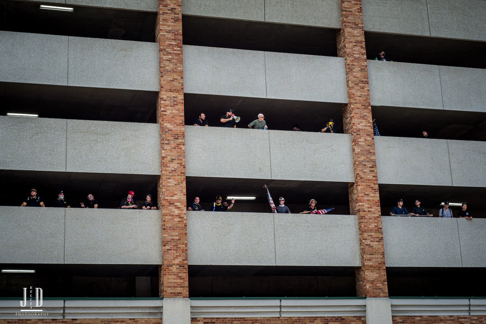 Proud Boys retreated to the Radisson Parking ramp after counter-protestors blocked them from entering the Arcadia Festival Site.