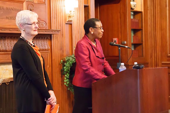 Charlotte Hall and Eileen Wilson-Oyelaran at press conference