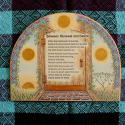 Sharon Ecksteinand Kate Borgardt, Little Hours Carry On, Pen and ink, colored pencil, letterpress on mat board, loom woven cotton cloth, carry on suitcase, Sharon Eckstein:  Illumination Kathleen Borgardt:  poetry, letterpress, weaving