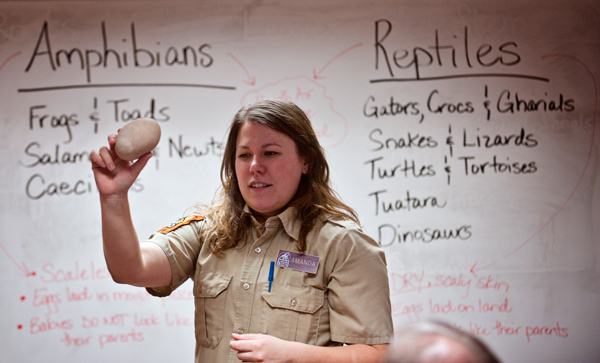 Binder Park Zoo’s Amanda Bailiff shows a representation of a reptile egg at Knee High Naturalists. 