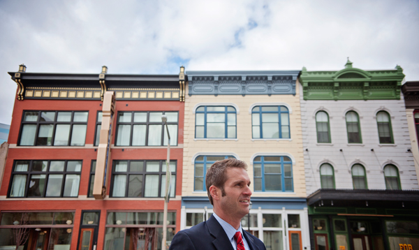 Mavcon CEO James Dally stands in front of the Metropolitan Center in downtown Kalamazoo.