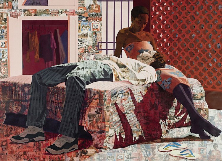 Njideka Akunyili Crosby, Nwantinti, 2012,  Acrylic, pastel, charcoal, colored pencil, and Xerox transfers on paper, The Studio Museum in Harlem © Njideka Akunyili Crosby, Courtesy the artist, Victoria Miro, David Zwirner, and American Federation of A