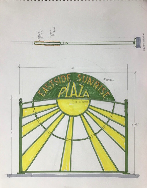 Eastside Sunrise Plaza takes its name from the idea that the sun always rises in the east and its principal art piece is set to be a large rising sun with rays created from yellow plexiglass.