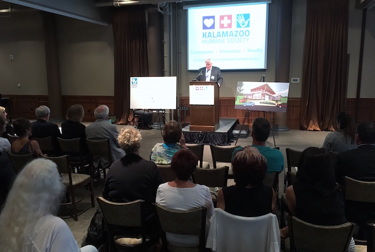 The crowd learns about the plans for the Kalamazoo Humane Society