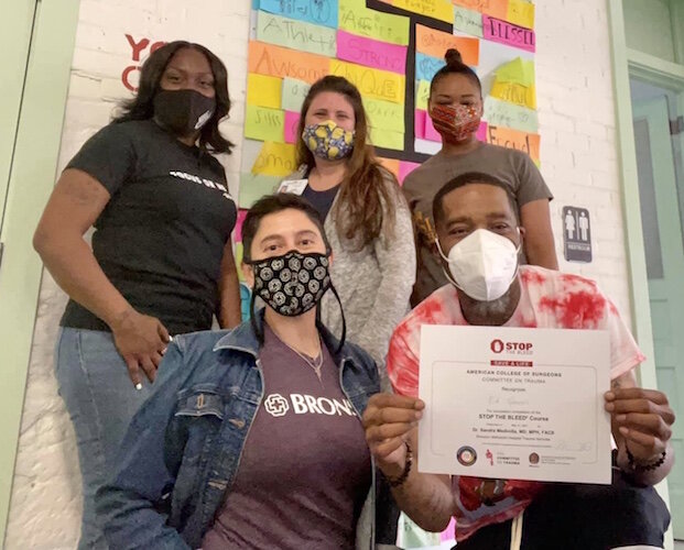 In a May 21 training were, clockwise from top left, Kalamazoo County Commissioner Tami Rey, Bronson Trauma Program Coordinator Amanda Wyman, Kalamazoo Vice Mayor Patrese. Griffin, community activist Ed Genesis, and trauma surgeon Dr. Sandra Medinilla