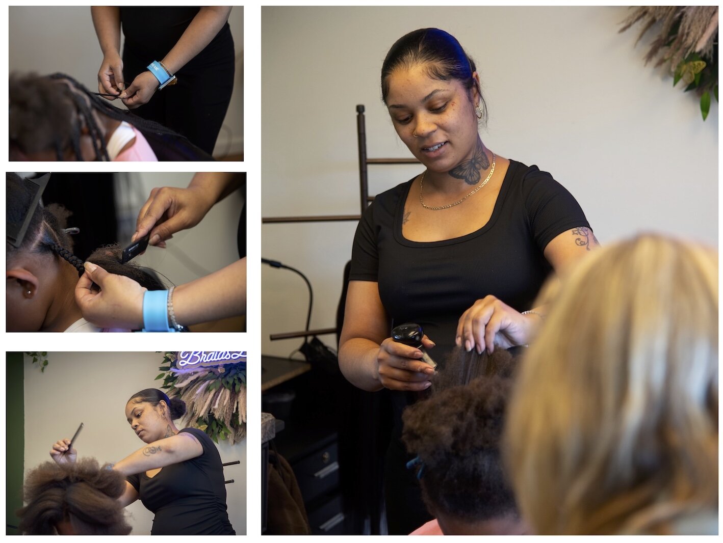 Brianna Cox of Braids by Brie, one of six partner hair professional salons and barbershops that work with Dream of Kalamazoo Foundation, at work.
