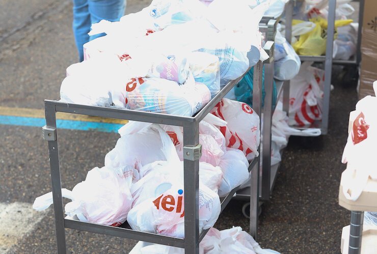 Bags of food waiting for distribution