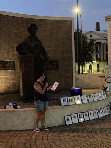 Deana Spencer, co-president of BC Pride, gives a reading at the Sojourner Truth Memorial during Pride Month im 2021.