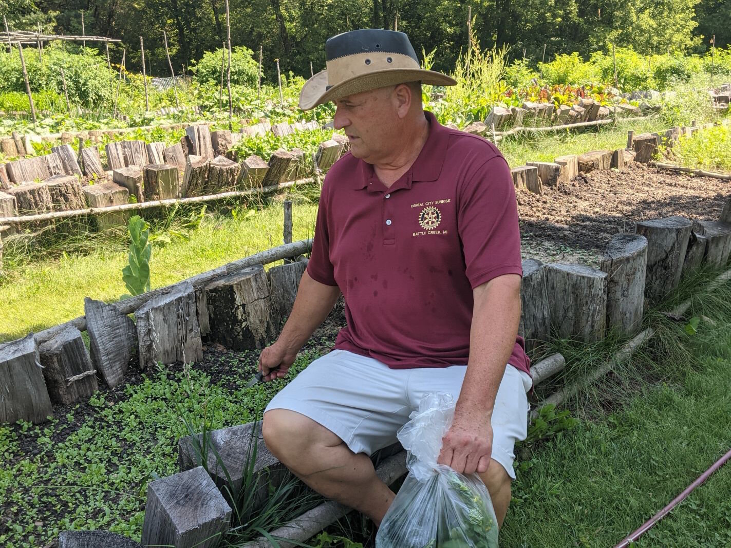 Carlos Fontana sits near a raised bed containing romaine lettuce seedlings. He says these plantings will produce thousands of heads of lettuce.