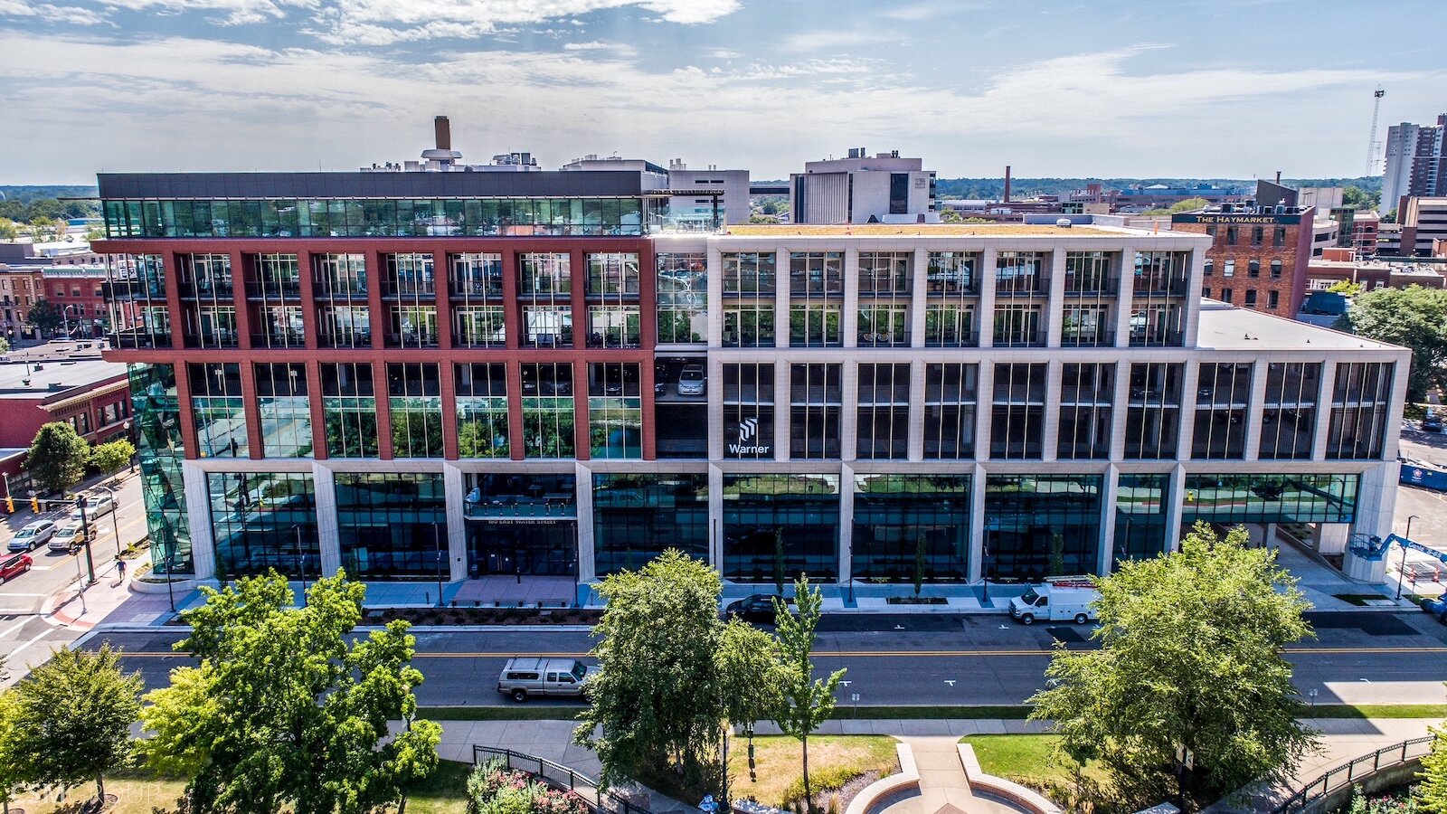 This is an aerial image looking south at the new Warner Building at 180 E. Water St. in downtown Kalamazoo.