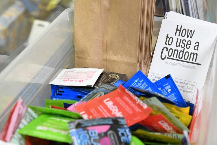 Condoms that are being given away on a counter at the Calhoun County Health Department.
