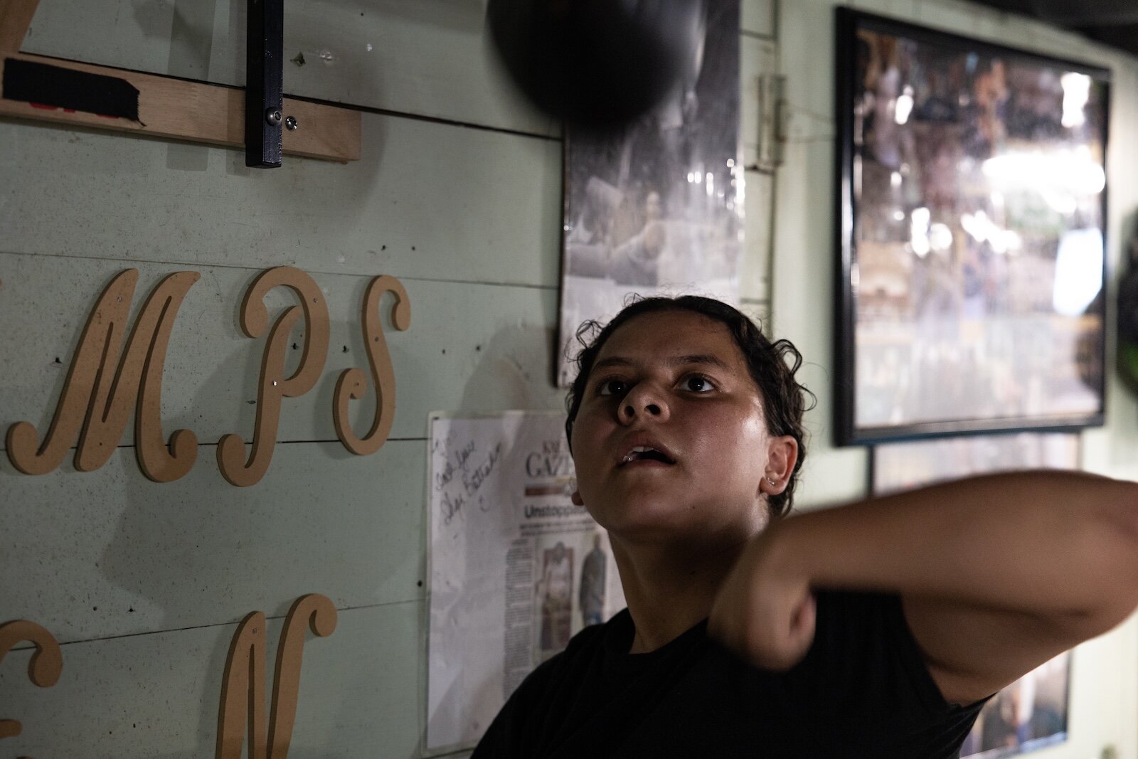 Dahira Valadez warms up on a speedbag before training.
