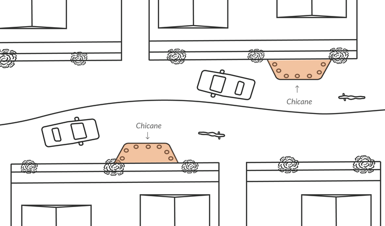 This illustration shows how chicanes lead motorists to slow down. According to city officials, studies indicate they lower traffic speeds and reduce traffic crashes by about 29 percent.