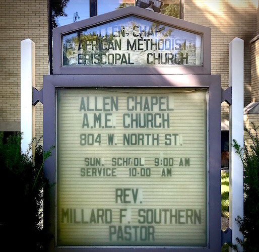 The name of new senior pastor, the Rev. Millard Southern lll, appears outside Allen Chapel AME Church on Kalamazoo’s North Side.