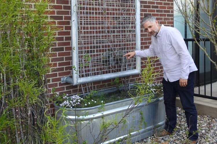 By design, The Creamery Apartments in Kalamazoo redirects rainwater and uses it, in part, to water plants that grow up the side of the building.