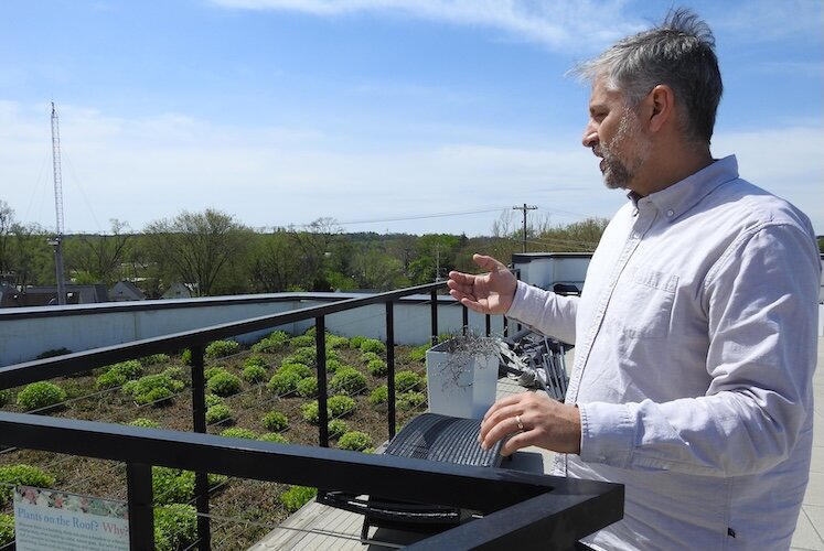 A green-roof portion of the roof of The Creamery Apartments in Kalamazoo redirects rainwater and promotes a more climate change-resilient environment, says Matt Hollander, president of Hollander Development Corp. and the developer behind The Creamery