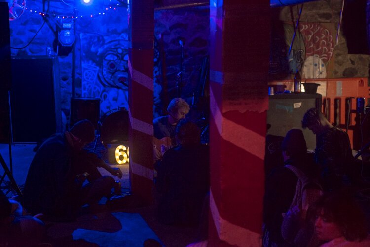 A basement crowd watches Coastal Car perform recently in Kalamazoo's Vine.