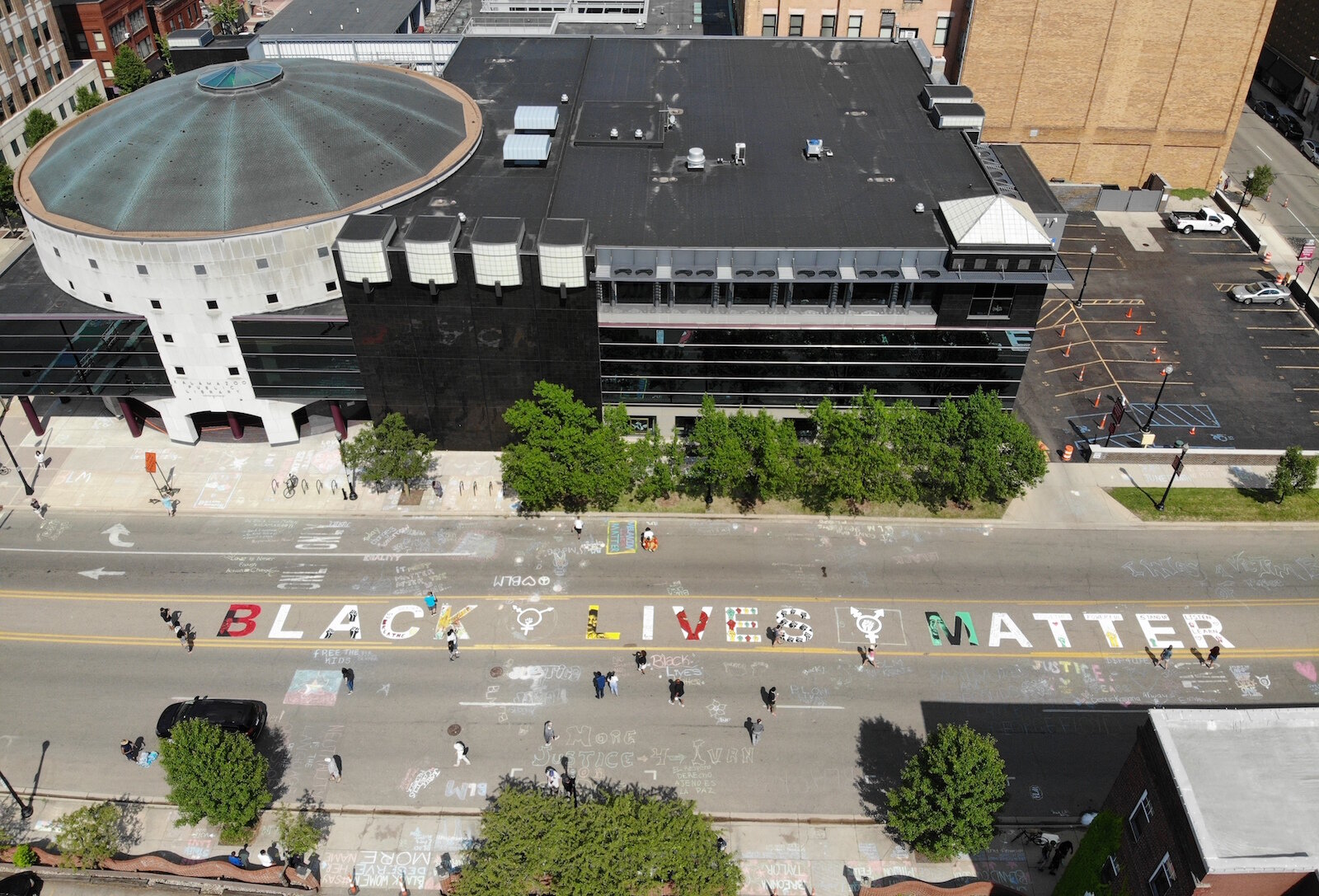 A drone’s eye view of artists downtown creating Kalamazoo Black Lives Matter street art, June 19 by Nate Hartmann.