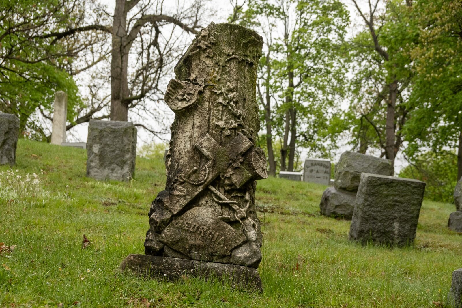 Styles of tombstones includes those that were made to look like columns or tree stumps.