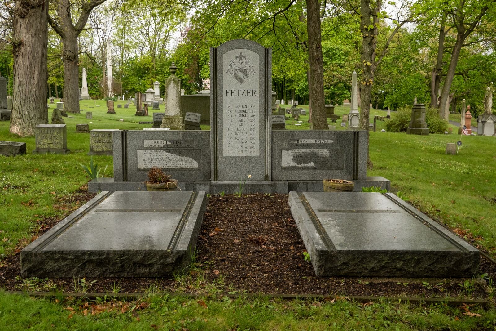 Anywhere a member of his family was buried, businessman John Fetzer made a point of including a headstone that showed the genealogy of his family going back to the 16th century.