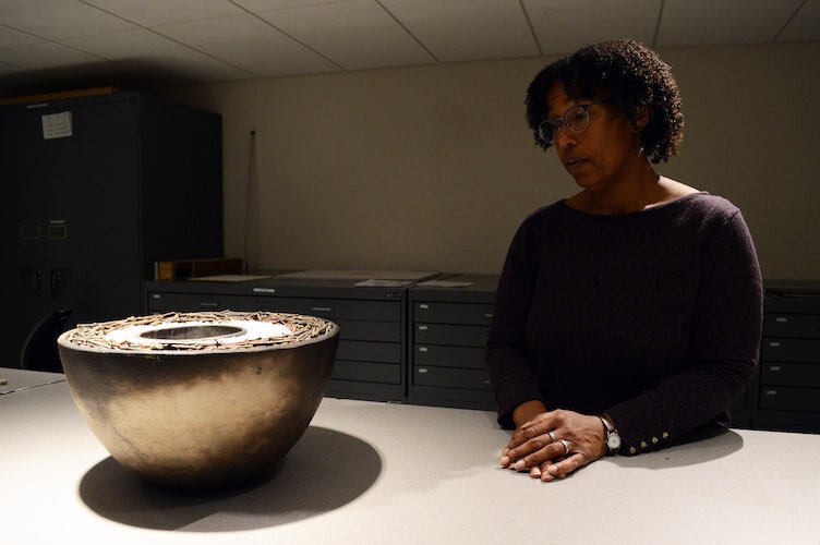 Ceramicist Maria Scott and untitled piece.