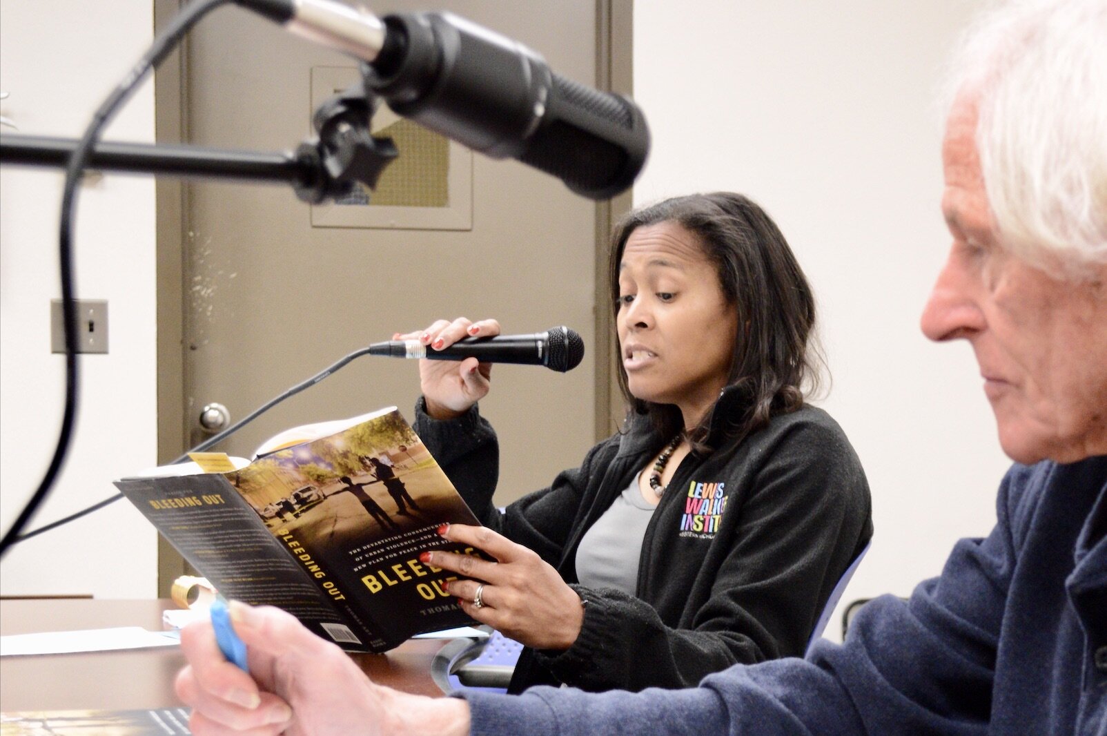 Director of WMU's Walker Institute Luchara Wallace and Kalamazoo Vice Mayor Don Cooney at  the recording for an episode of The Walker Institute's "The WIRED Hour," broadcast on WMU student station WIDR-FM (89.1) Mondays at noon, Wednesdays at 3 p.m.