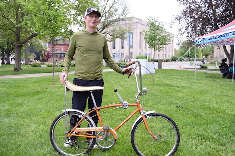 KVCC librarian Jim Ratliff and his 1967 Stingray. Ratliff has been bike commuting in Kalamazoo for 28 years. He sometimes seeks out the long way to work: "I'd rather go the longer route and feel better internally... have a much better experience."