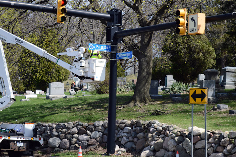 he first of the signs were erected where the Pottawatomi village of Chief Match-E-Be-Nash-She-Wish had a trading post at the Kalamazoo River, where Riverside Cemetery is now.