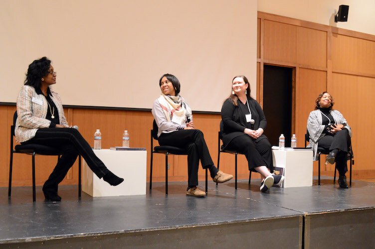 From left, Belinda Tate, executive director of the KIA; Izegbe N’Namdi, executive director of G.R. N’Namdi Gallery; Ashley Holland, assistant curator for Art Bridges; Stephanie James, curator and collection educator for The Mott-Warsh Collection.