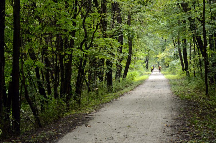 The first of the GLTL tour riders appear east of Gobles on the Kal-Haven Trail.