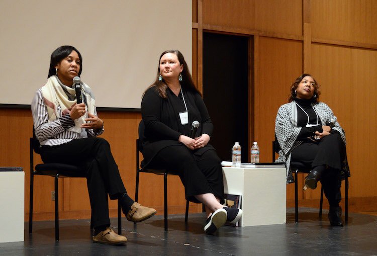 From left, Izegbe N’Namdi, executive director of G.R. N’Namdi Gallery; Ashley Holland, assistant curator for Art Bridges; Stephanie James, curator and collection educator for The Mott-Warsh Collection.