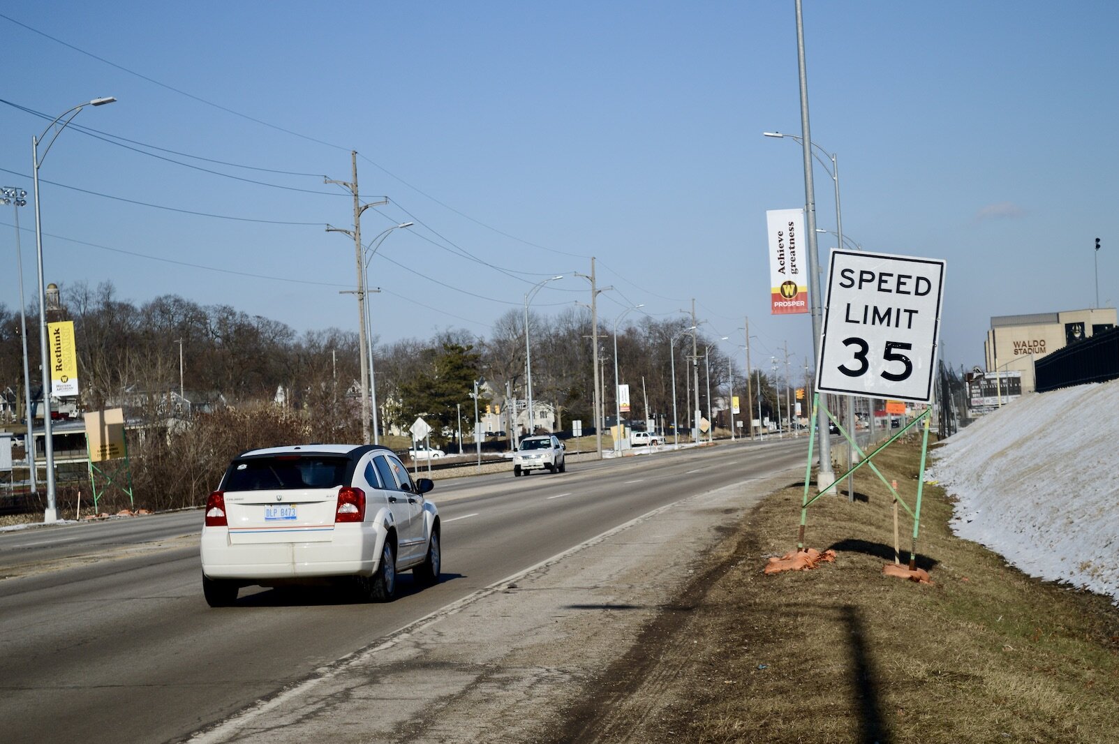 The speed limit has been, and will continue to be, 35 mph. Stadium's redesign is expected to reduce speeding. 
