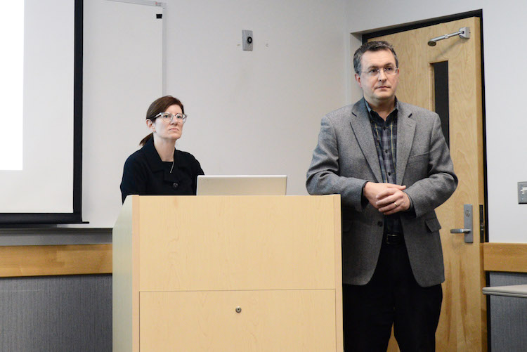 Director of Community Planning and Economic Development Rebekah Kik and Deputy City Manager Jeff Chamberlain at a recent pubic forum on plans for Complete Streets.