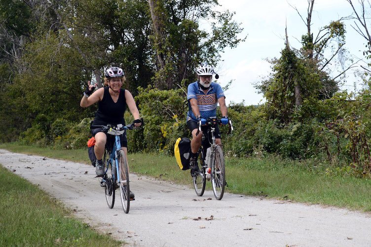 GLTL riders arriving at the Mentha stop on the Kal-Haven Trail.