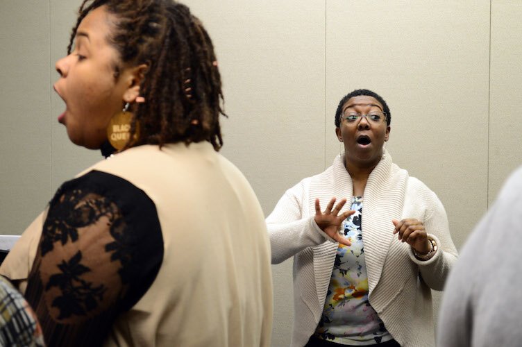 Christy Lee Coleman, ”Crowns” music coordinator, leads a rousing rehearsal of the gospel/civil rights classic, ”Ain’t Gonna Let Nobody Turn Me Around."