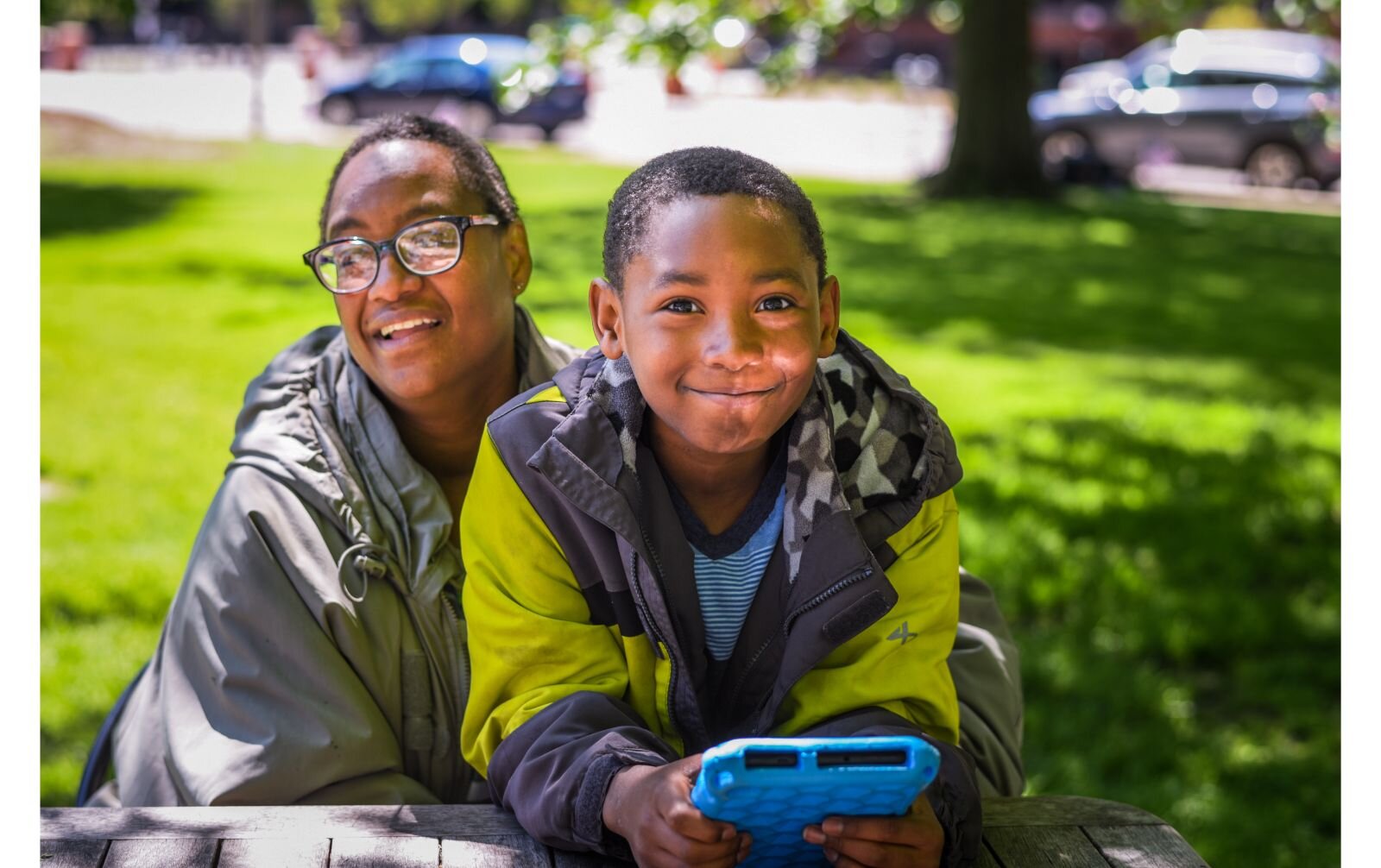 Elijah Williams in Bronson Park with his mother.