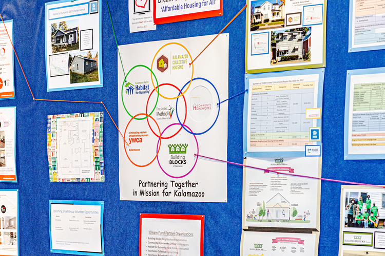 A poster explains the work in the commnity being done by the church to help the unhoused.