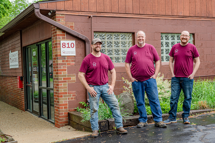 Community Homeworks is supported by the First United Methodist Church. Scott Moore, Home Repair Technician, Construction Manager Tom Tishler, and Executive Director Chris Praedel from Community Homeworks.
