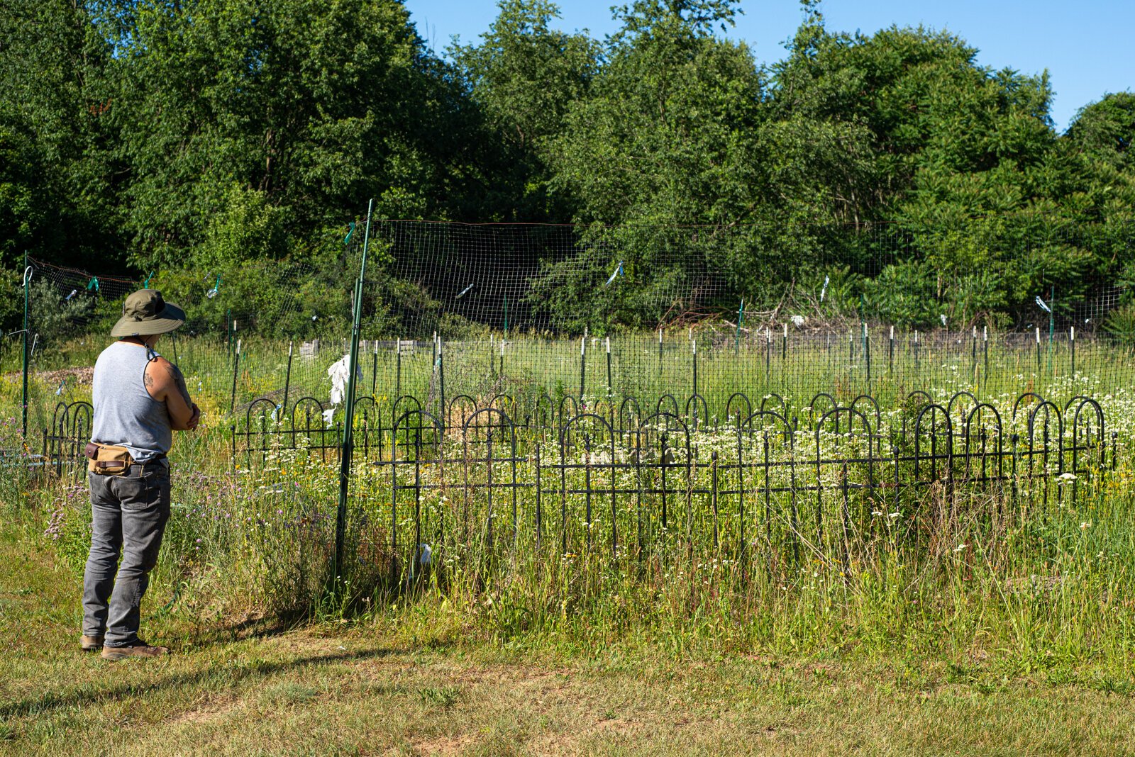 Chris at the existing overgrown garden on the site, now home to native wildflowers.