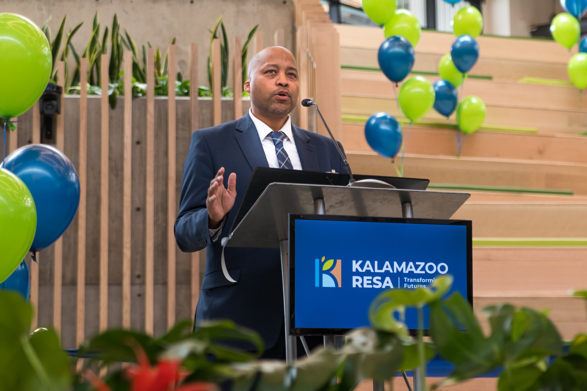 Dr. Dedrick Martin, KRESA Superintendent, speaks at the KRESA Career Connect Center's ribbon cutting ceremony.