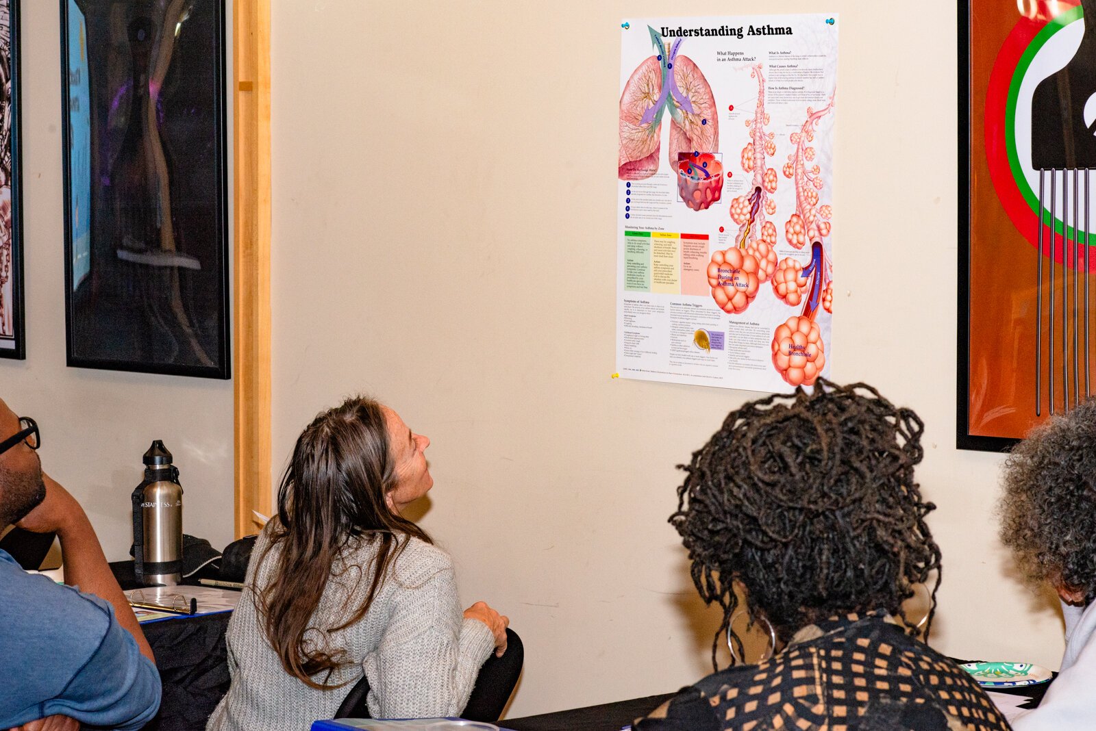 Guests viewing an informational poster about asthma