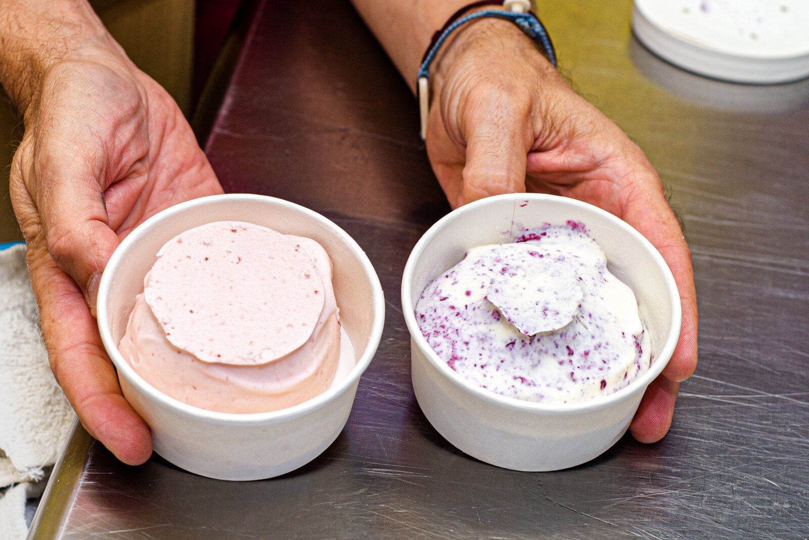 Red Tricycle ice cream cups seen here are Strawberry Buttermilk, and Blueberry Pancake cups. They celebrate Michigan’s fruit season.