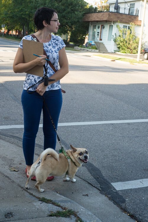 Vine Neighborhood Association Board President Sarah Ruggles attended a recent Route #9 (Vine) Walking Audit with her dog.