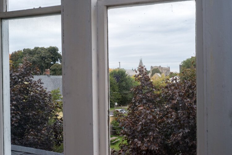 A view from the cupola of the Ira Bixby house shows the spires of downtown churches.