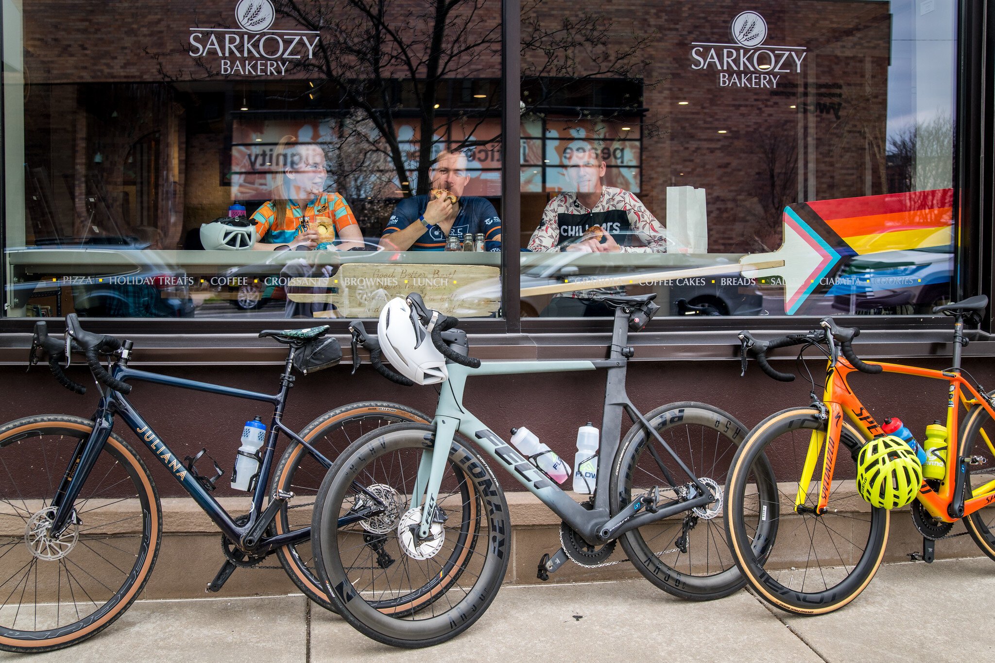 Some bikes parked in front of Sarkozy's Bakery downtown