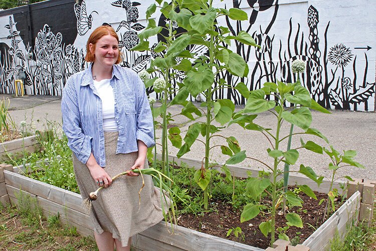 Emma Master holds a garlic while standing by onions and sunflowers in the Edison Neighborhood Association garden.